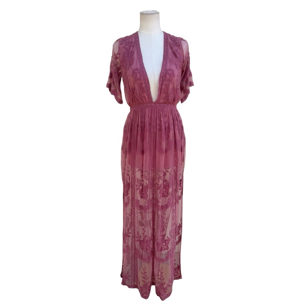 Honey Punch Embroidered Mesh Maxi Romper Dress Mauve Pink Floral Boho Medium